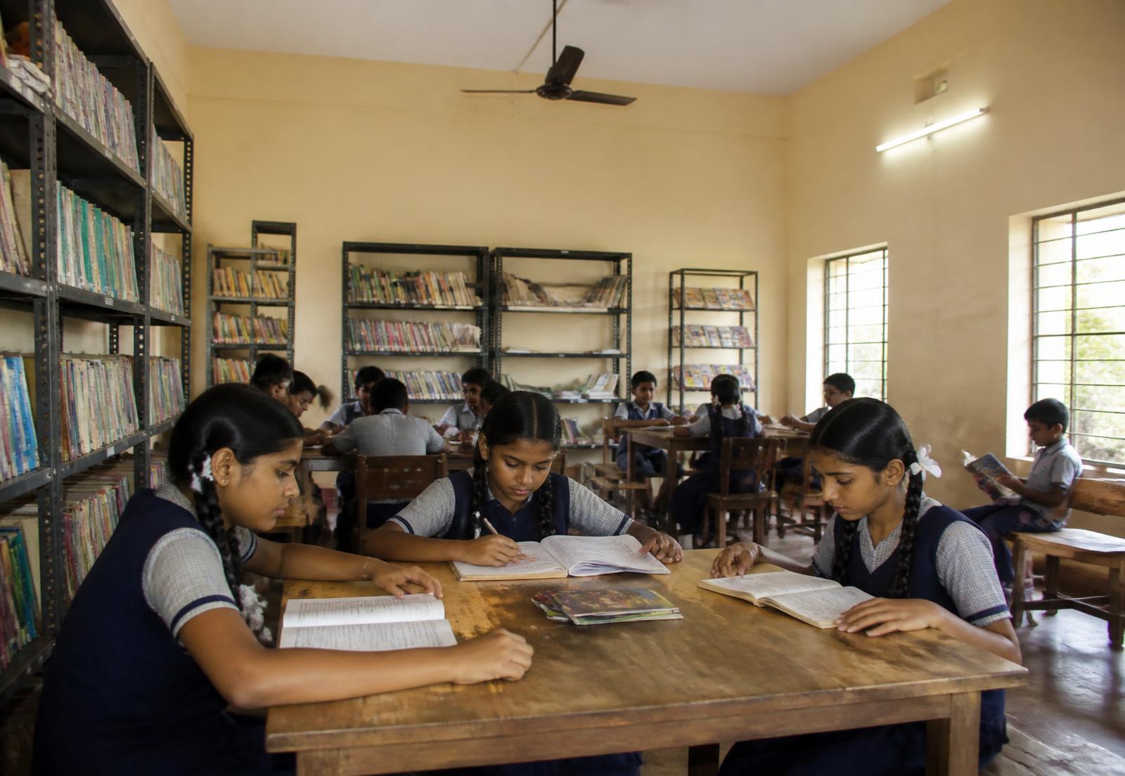 Students reading and studying in the school library