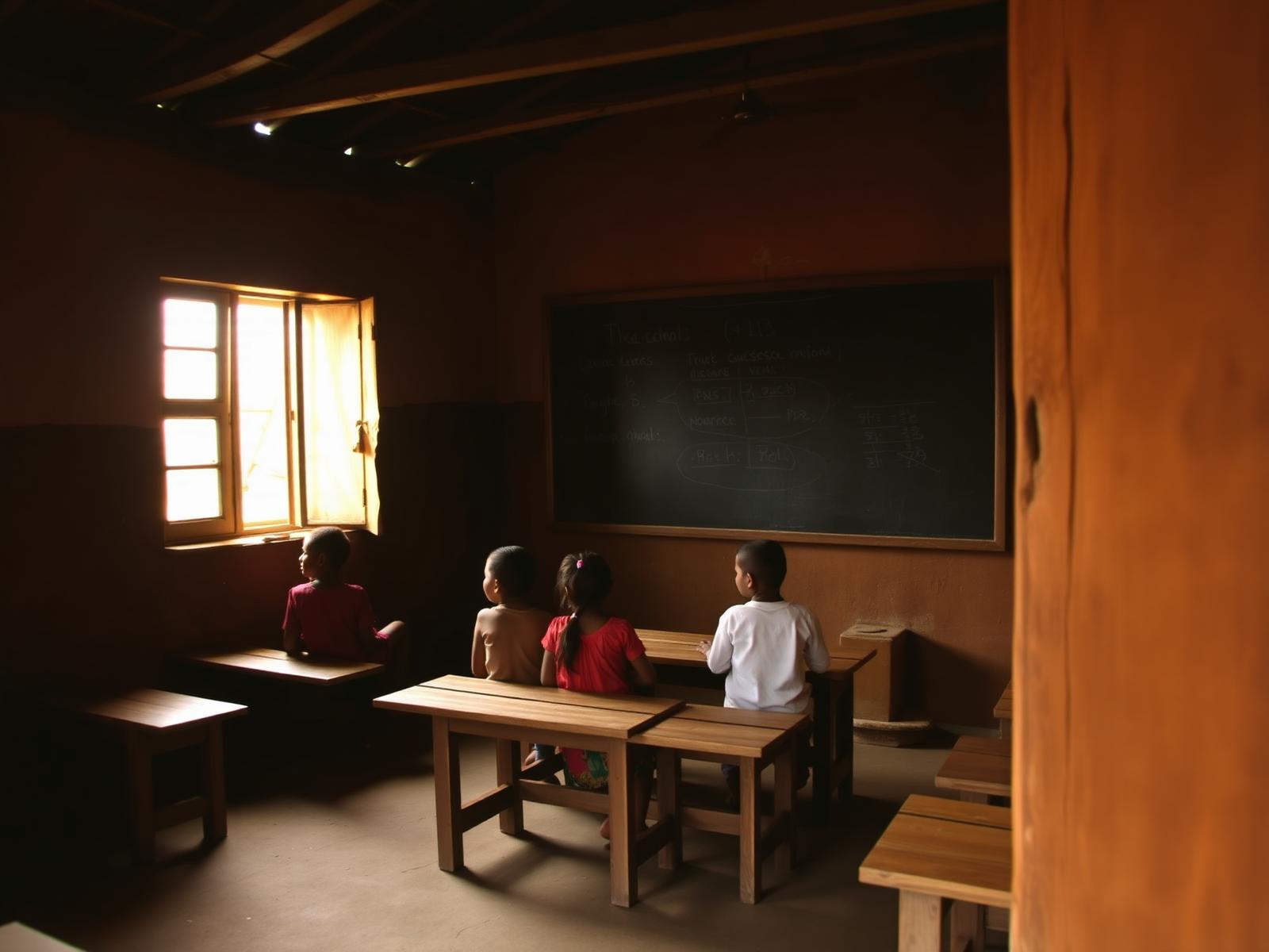 A small early classroom with a few students, recalling the school's first year