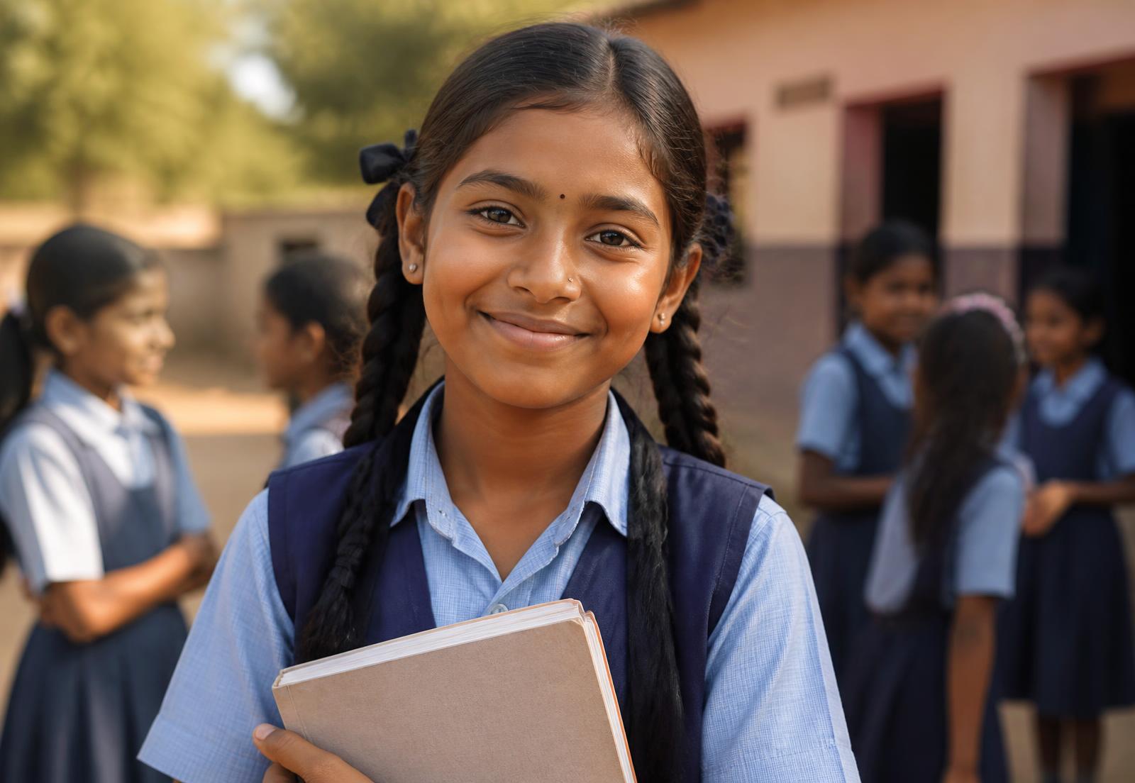 A smiling student holding her notebook outside the school