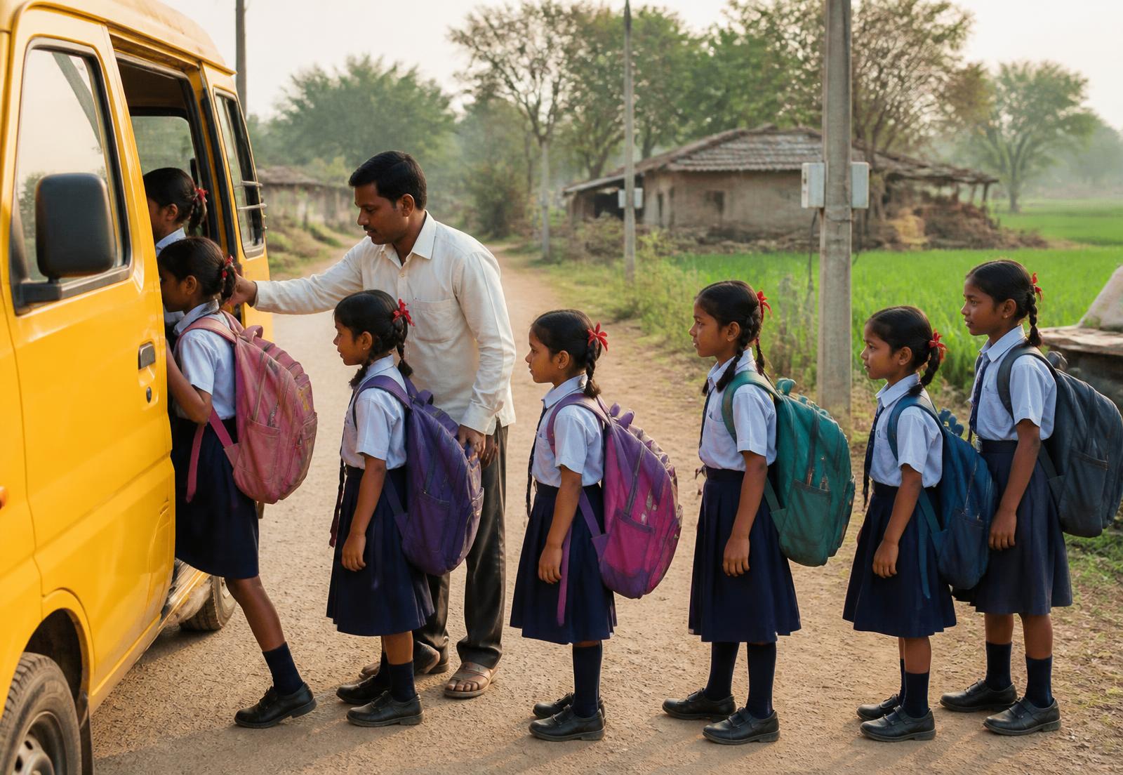 Children in uniform boarding the school van on a village road